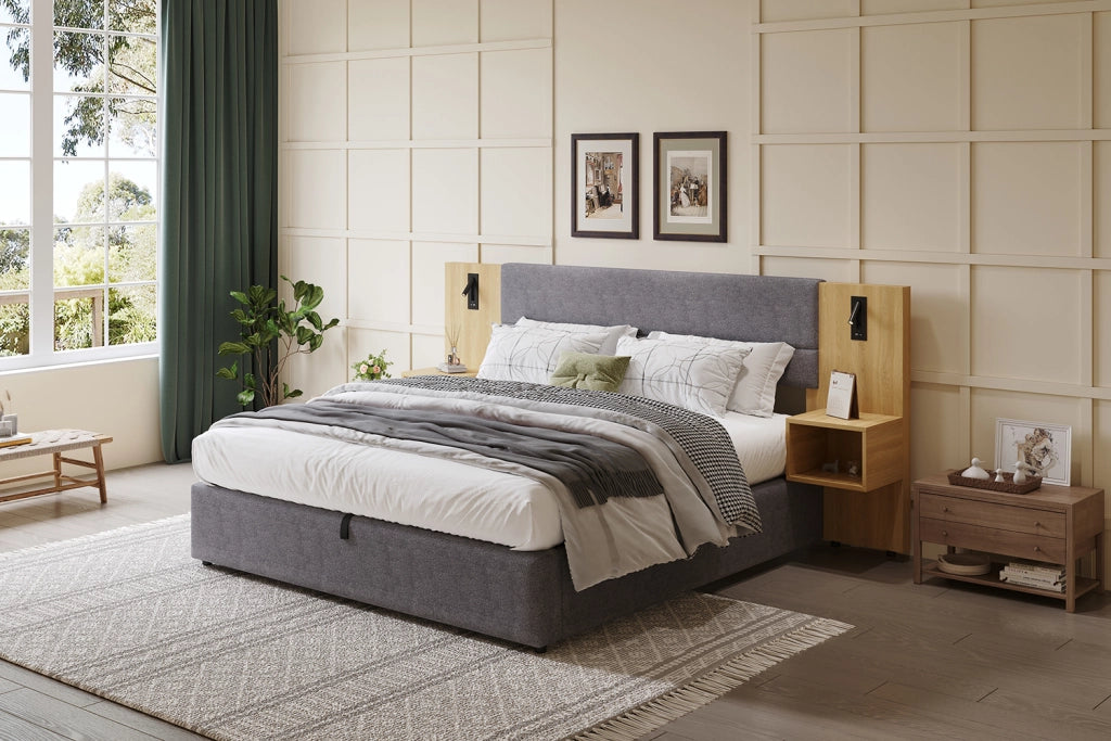 letto imbottito velluto grigio e naturale 160 x 200 cm