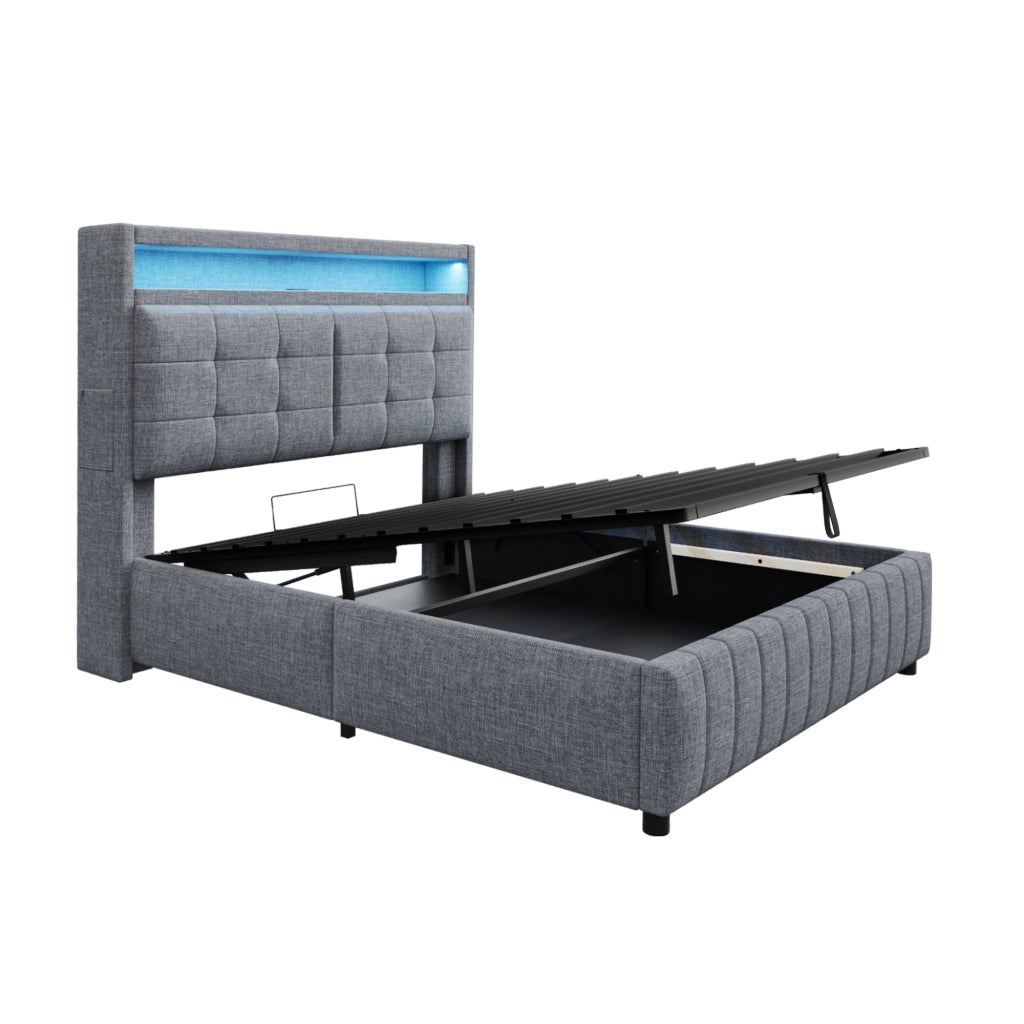 LETTO Imbottito 160x200 cm Grigio in lino con LED, USB e contenitore