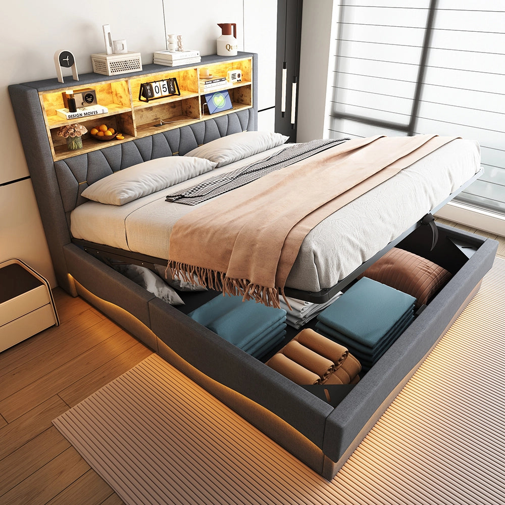 Letto-Xylo-180x200 cm-LED app, USB, metallo, lino grigio