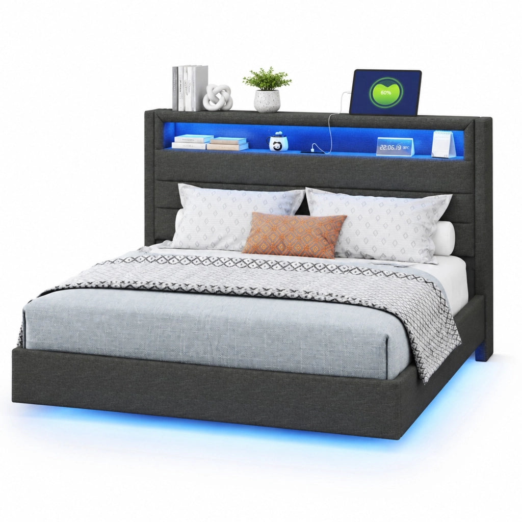 Letto imbottito 140x200 cm grigio con presa USB, luci LED e testiera reversibile