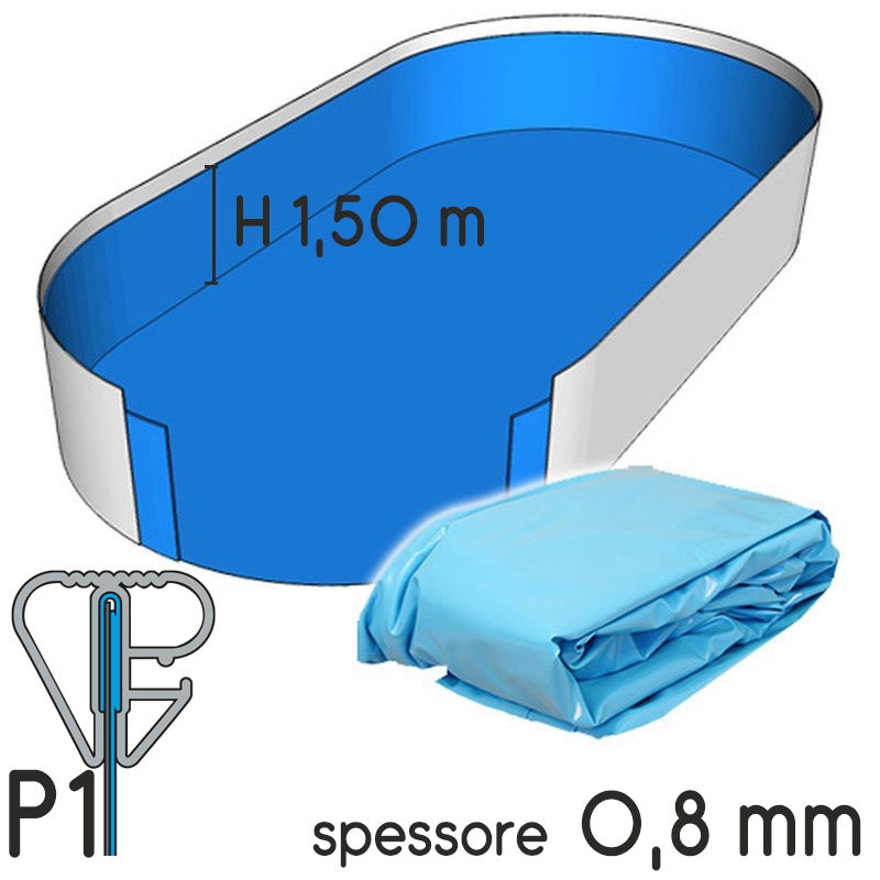 Liner Per Piscina A Forma Ovale 10,00 X 4,16 X H. 1,50 M Azzurro - Attacco P1 - Spessore 0,80 Mm Tipo attacco: P1, Colore: Azzurro