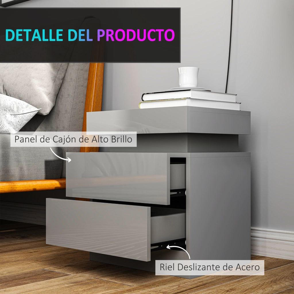 Comodino con LED e APP ¨C Xylo ¨C 2 cassetti grigio 45x35x52 cm