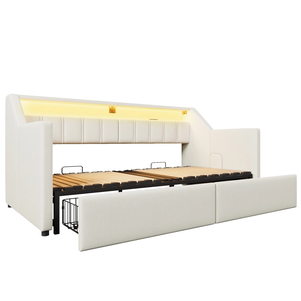 LETTO Estraibile 90x200 cm Beige in lino e MDF con USB e Type-C