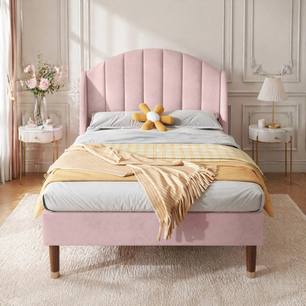 LETTO Imbottito 90x200 cm in velluto rosa con rete a doghe e testiera
