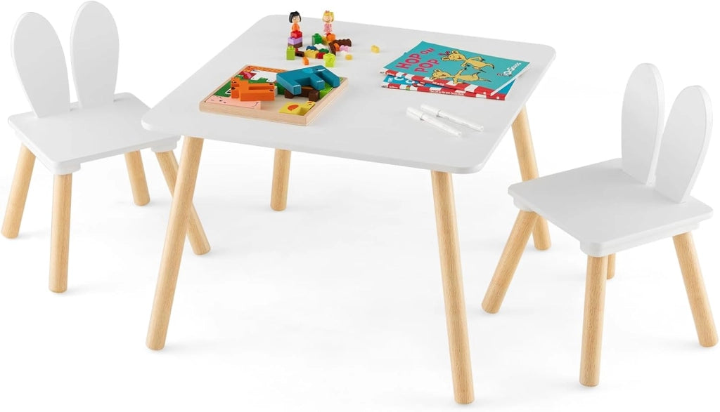 Set Tavolino Bambini con 2 Sedie a Coniglio, Set Tavolo e Sedie per Bambini con Gambe in Legno di Pino, per Bambini da 3 a 6 Anni, per Giocare, Disegnare e Leggere, Bianco