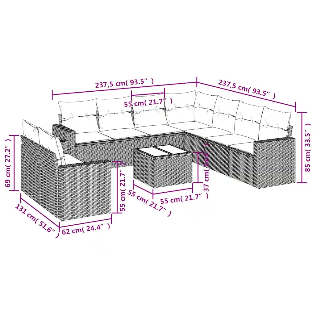 Set Divani da Giardino 10pz con Cuscini in Polyrattan Marrone 3219153