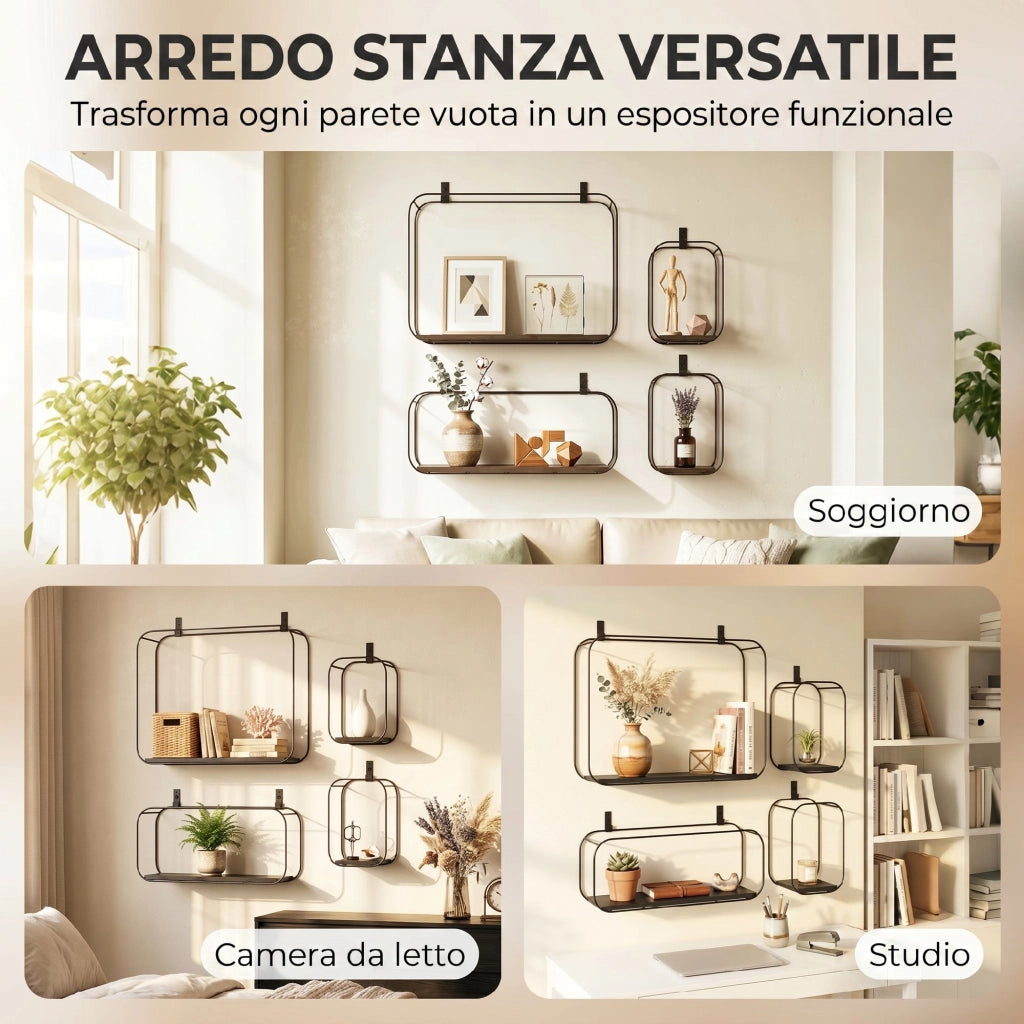 Mensole a Muro Geometriche ¨C Xylo ¨C Set 4 Pezzi Nero Design Moderno