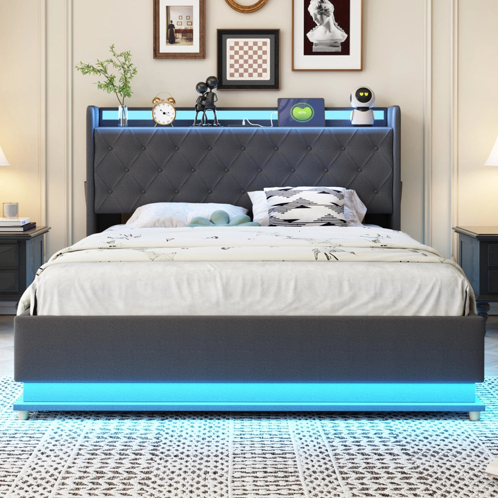Letto imbottito 140x200 cm; luci LED multicolore e USB; tessuto grigio
