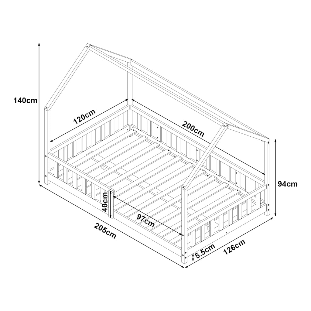 Letto Piazza e Mezza Hesel per Cameretta a Forma di Casetta 120 x 200 cm Grigio [en.casa]