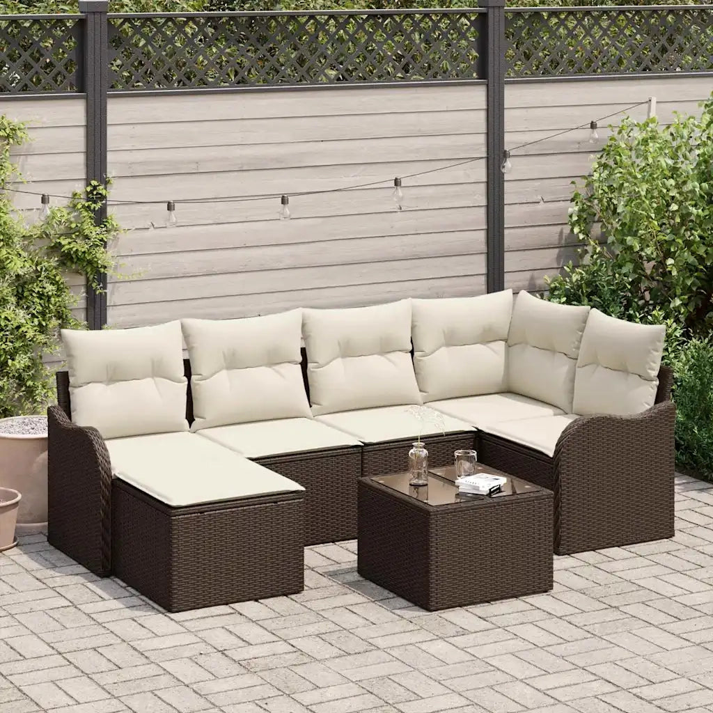 Set Divano da Giardino 7 pcs Marrone e bianco Poly Rattan