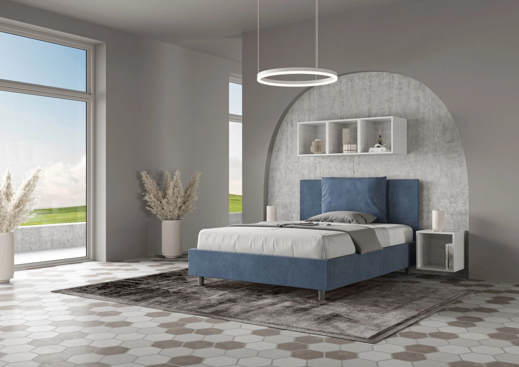 BS COM Letto queen size senza rete imbottito 150x190 microfibra blu