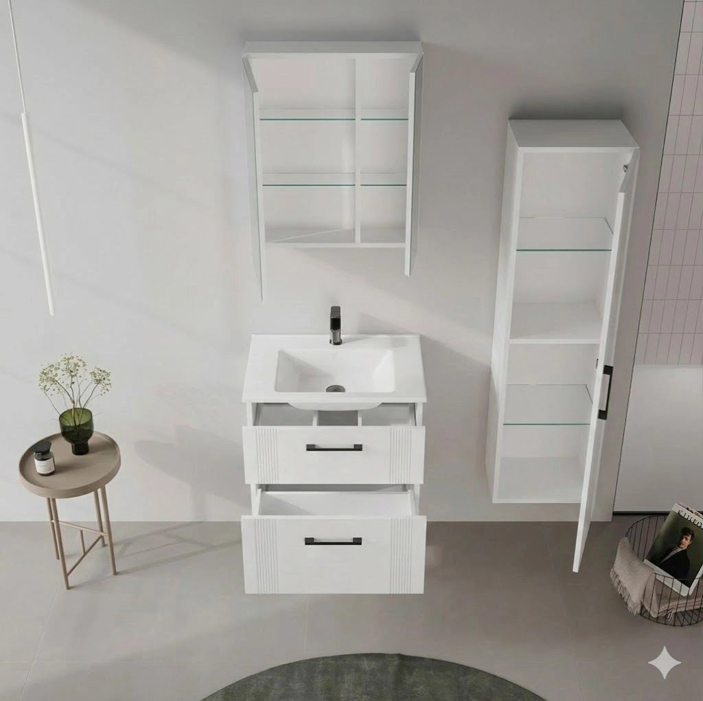 Mobile da bagno con specchio "Bari 60" - 60 x 16 x 66 cm - Bianco opaco