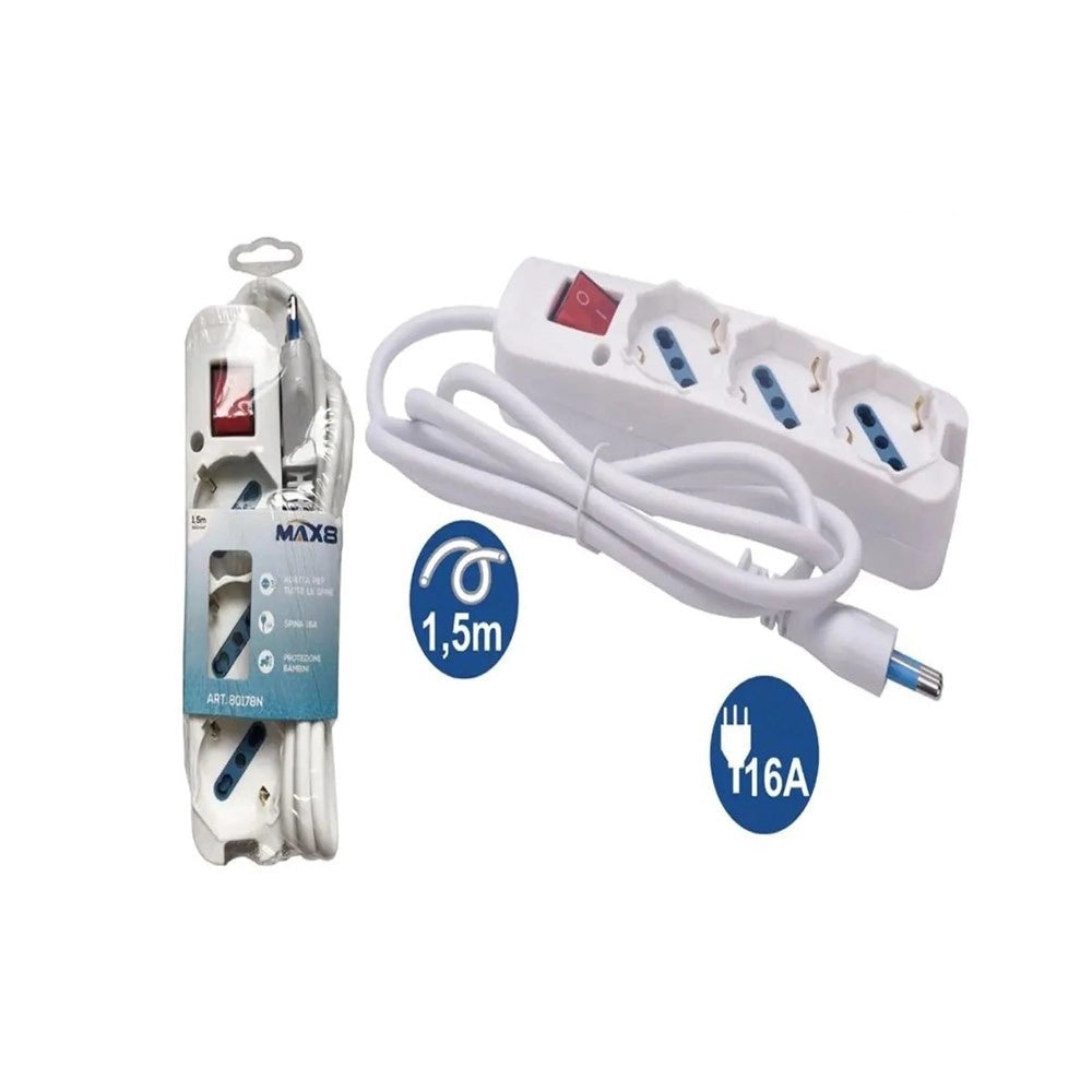 Trade Shop - Multipresa 3 Uscite Universali Interruttore Luminoso Spina 16a Cavo 1.5mt 80178n -