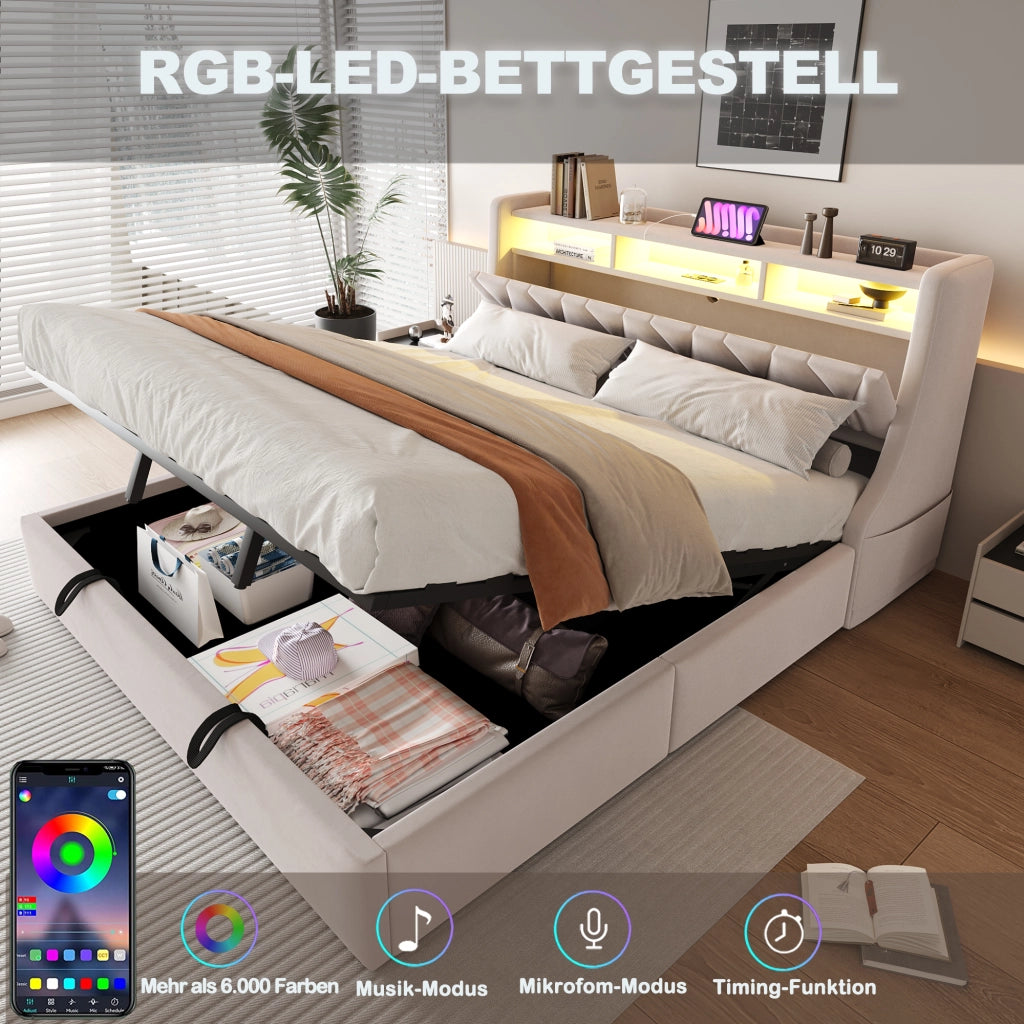 LETTO Contenitore 180x200 cm in velluto beige con LED, prese USB e Type-C