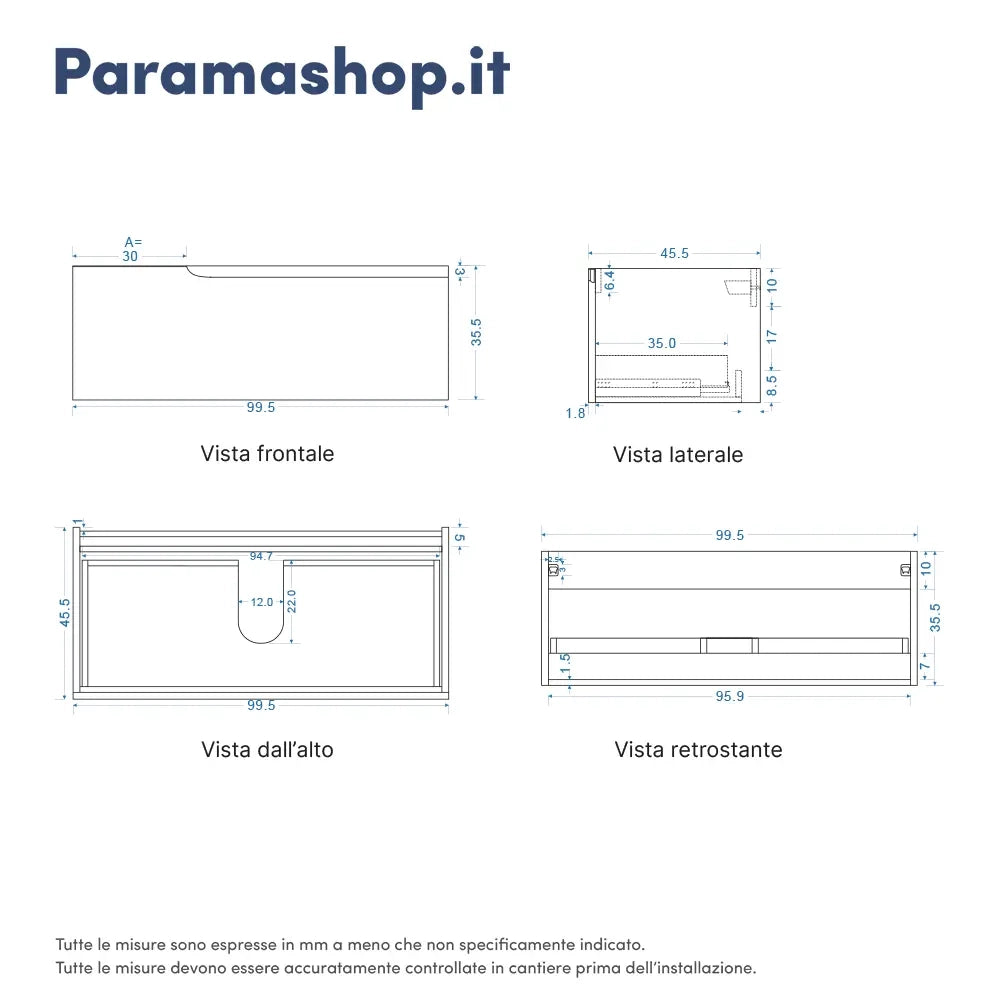 Mobile bagno sospeso 100 cm un cassetto color carta da zucchero con top  | Moor