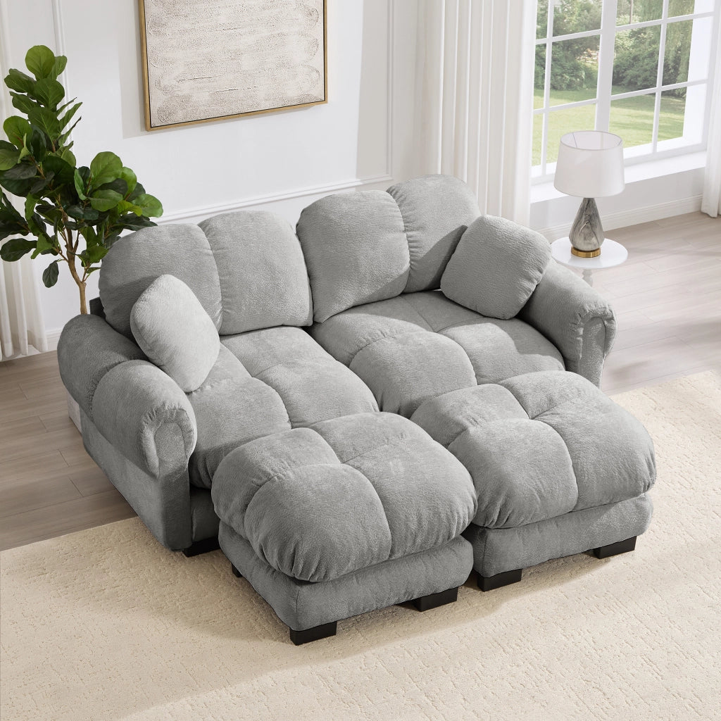 Divano modulare a 2 posti in ciniglia con chaise longue mobile e cuscini trapuntati, Grigio chiaro