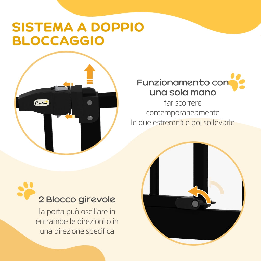 Cancelletto per Cani Estensibile con 2 Blocchi e Chiusura Automatica, in Metallo e Plastica, 74-87x78 cm, Nero