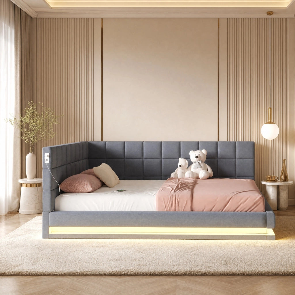 LETTO Imbottito Convertibile 160x200 cm Grigio in lino con LED e USB