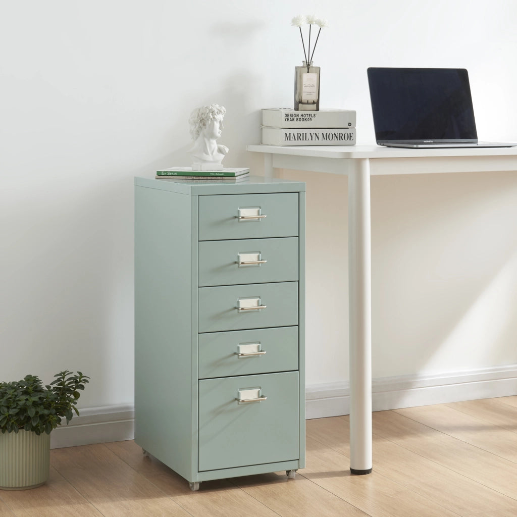 Cassettiera Kökar in Acciaio Mobile Archivio con 5 Cassetti e Rotelle - Menta Verde [en.casa]