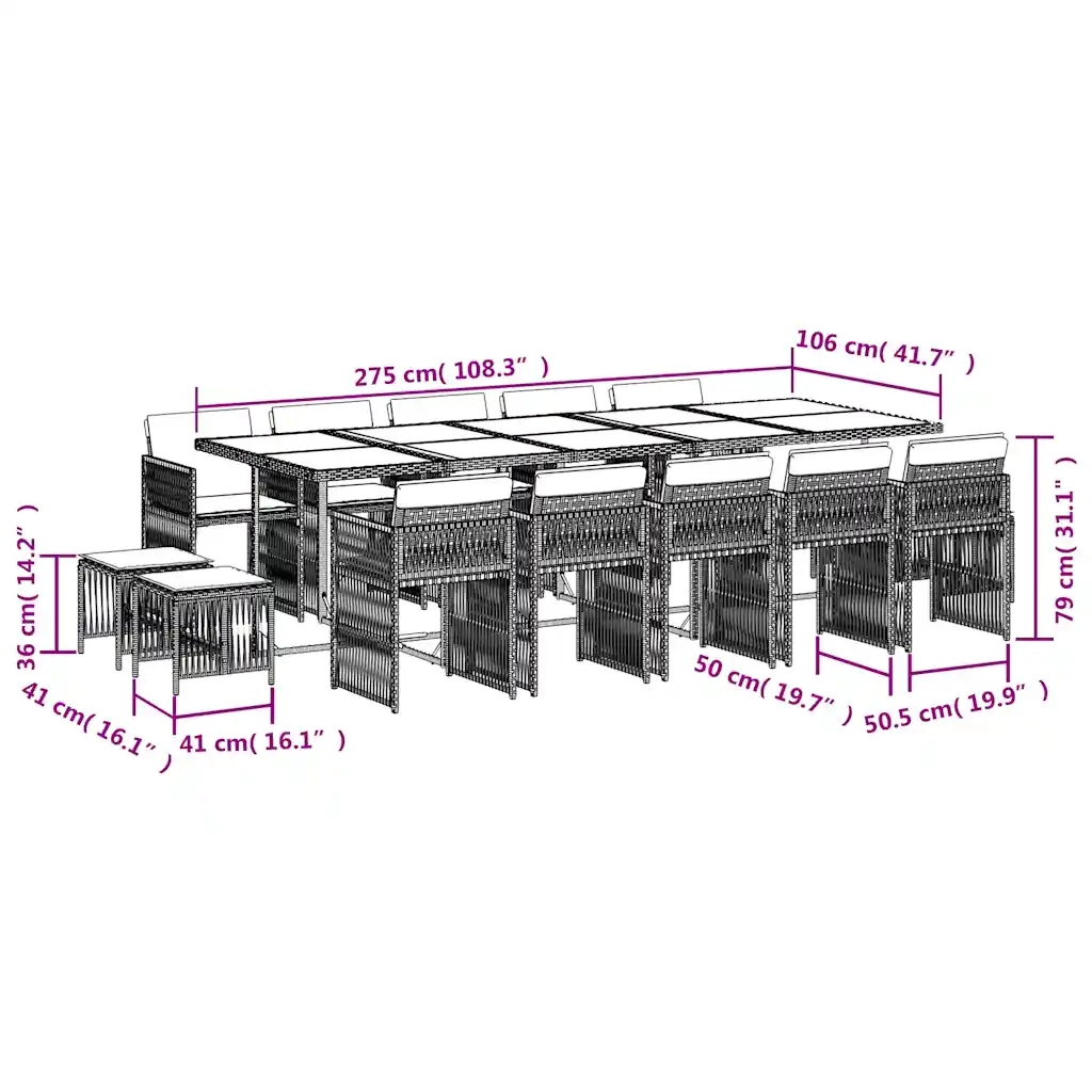 Set da Pranzo da Giardino 15 pz con Cuscini Grigio Polyrattan 3211715