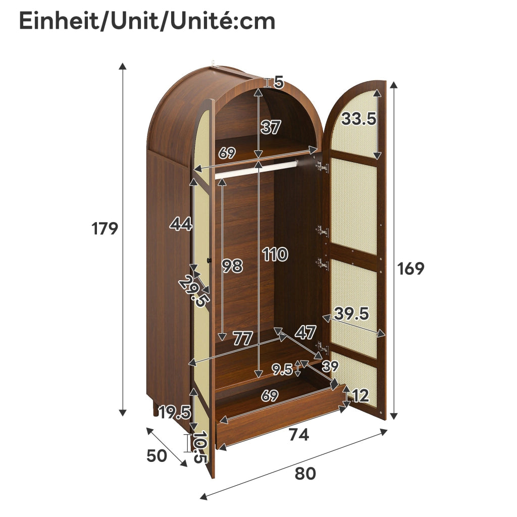 Armadio moderno con porte curve, barra appendiabiti e cassetti, colore noce