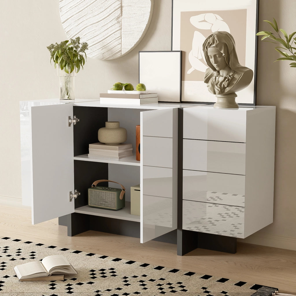 Credenza bianca lucida con 2 ante e 4 cassetti, design moderno, struttura in MDF e pannelli truciolari, 150 x 40 x 80,5 cm