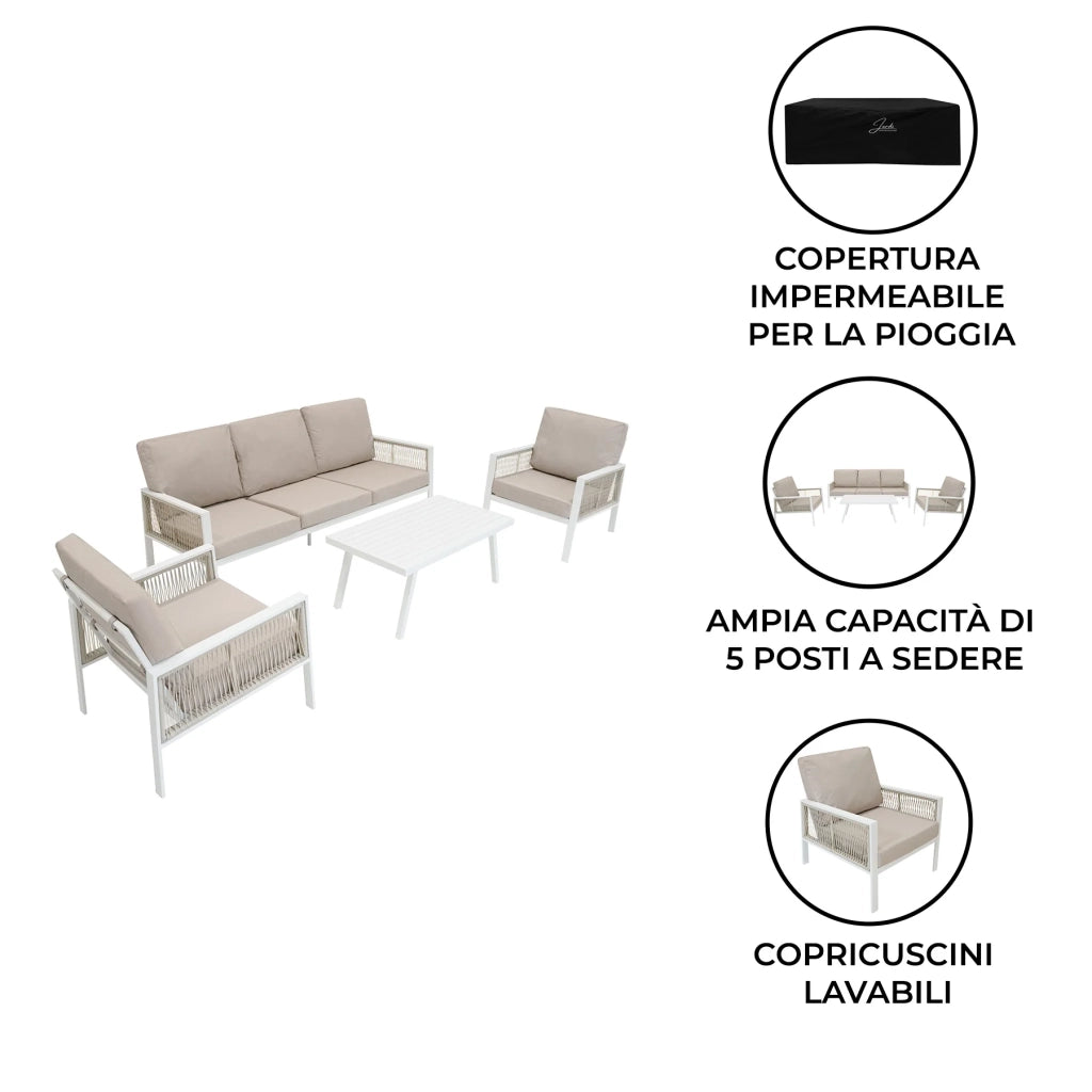 Set Mobili da Esterno 4 Pezzi in Alluminio Divano Tavolino Poltrone Bianco
