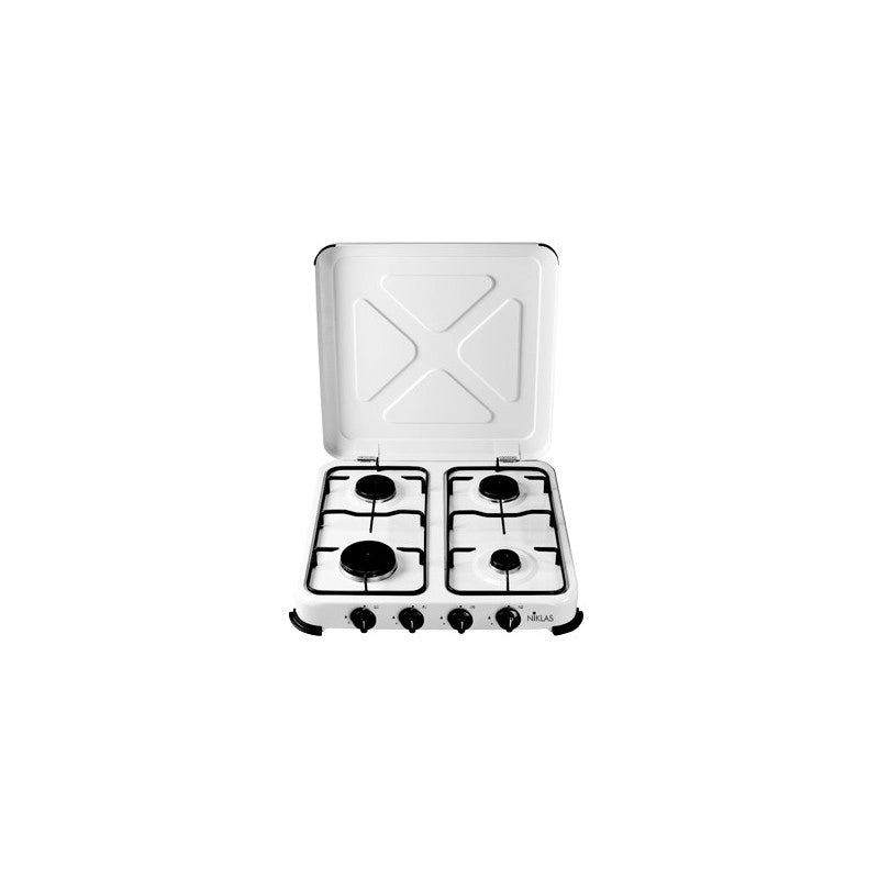 Fornello a gas 4 fuochi 52x52x10 cm – Acciaio porcellanato bianco – Coperchio ribaltabile