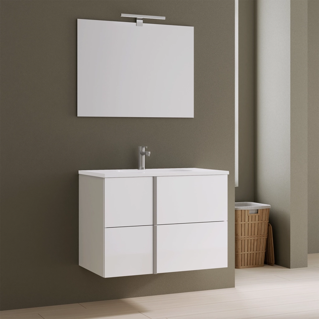 Mobile da bagno sospeso 80cm bianco lucido con lavabo e specchio | Hoia