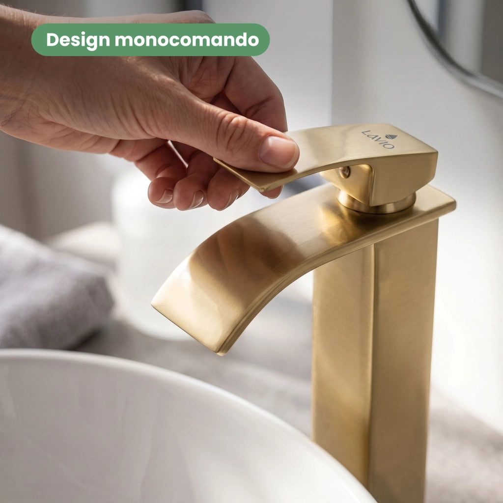 Rubinetto lavabo alto a cascata oro da appoggio miscelatore bagno EVIO