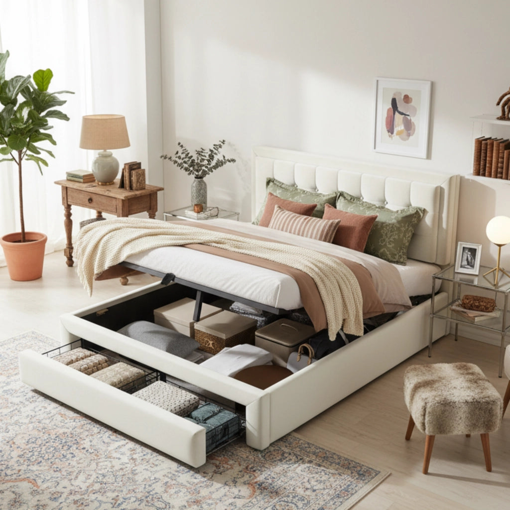 LETTO Imbottito 140x190 cm in velluto beige con 2 cassetti