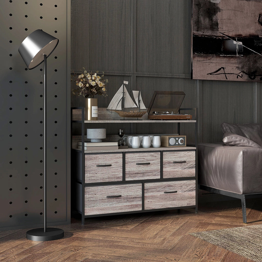 Cassettiera 5 cassetti stile industriale con ante in tessuto ¨C zephmum ¨C grigio 98x29x85 cm