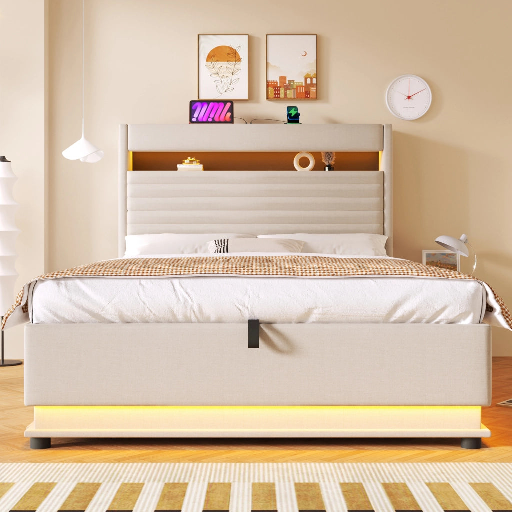 LETTO Contenitore 140x200 cm in lino Beige con LED e USB-C