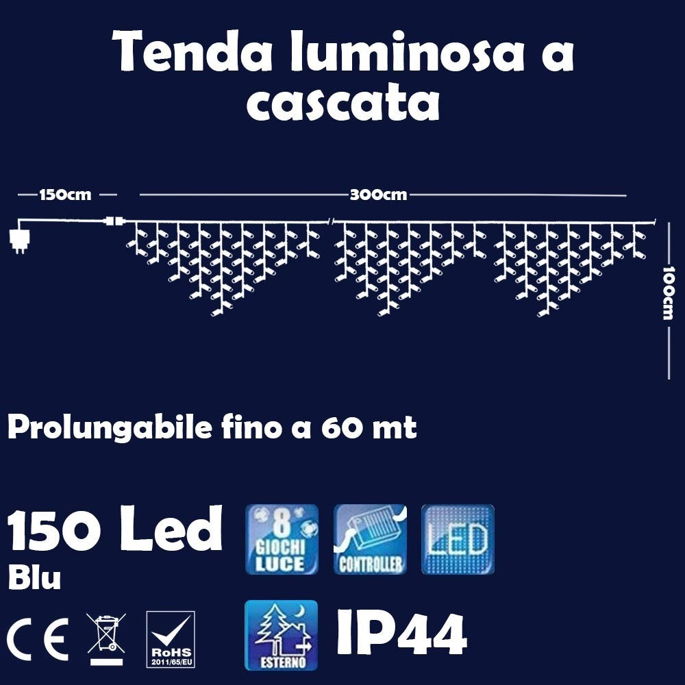 Trade Shop - Tenda Luminosa Natalizia 150 Led Con Flash Luce Blu 3mt Esterno Prolungabile -