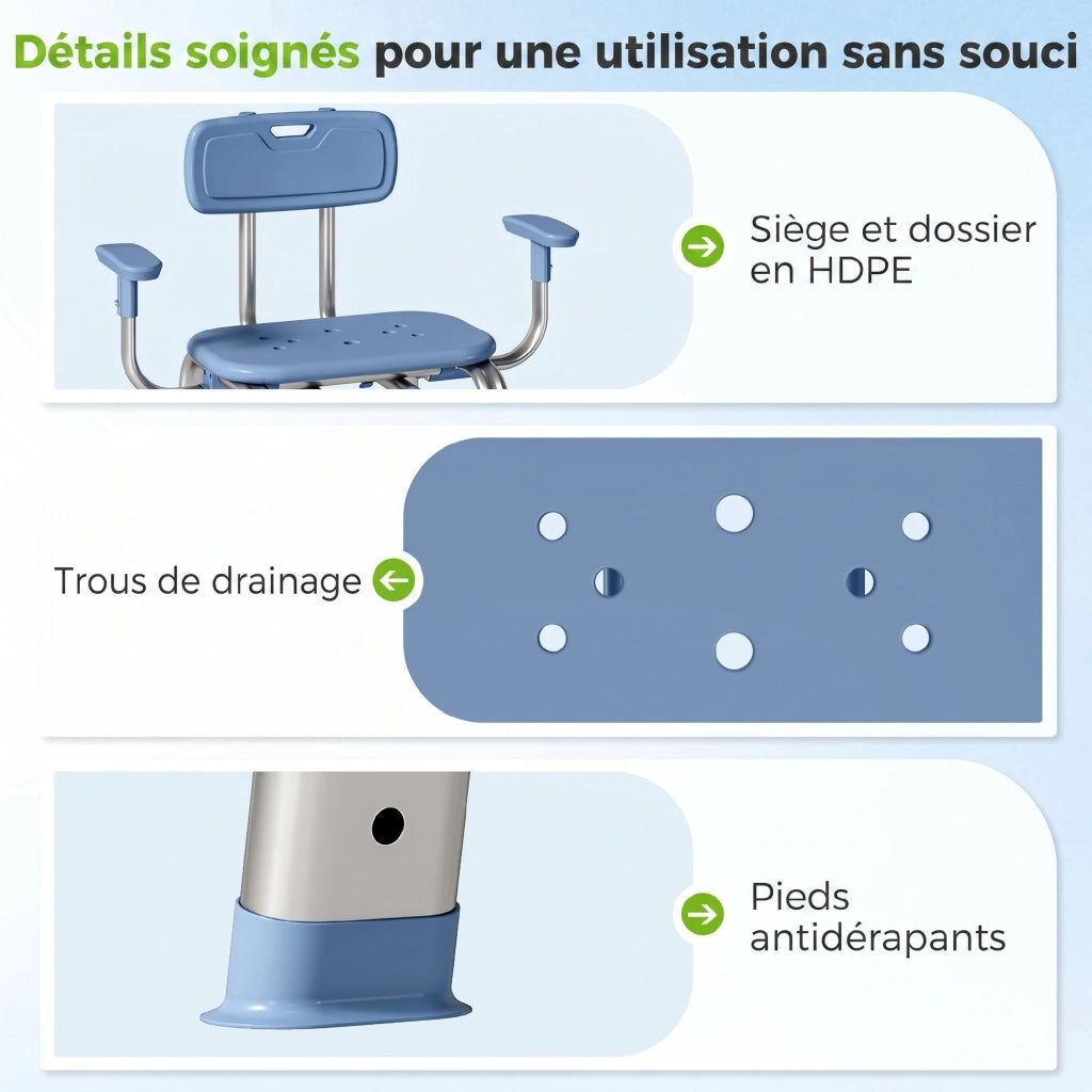 Sedia da Doccia Ergonomica con Braccioli e Schienale ¨C Xylo ¨C Altezza Regolabile Blu