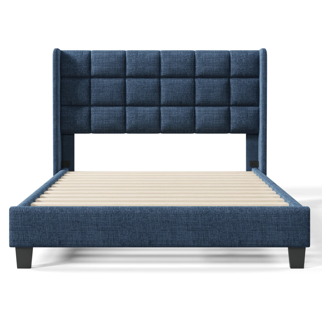 LETTO imbottito 140x200 cm in lino blu con rete a doghe