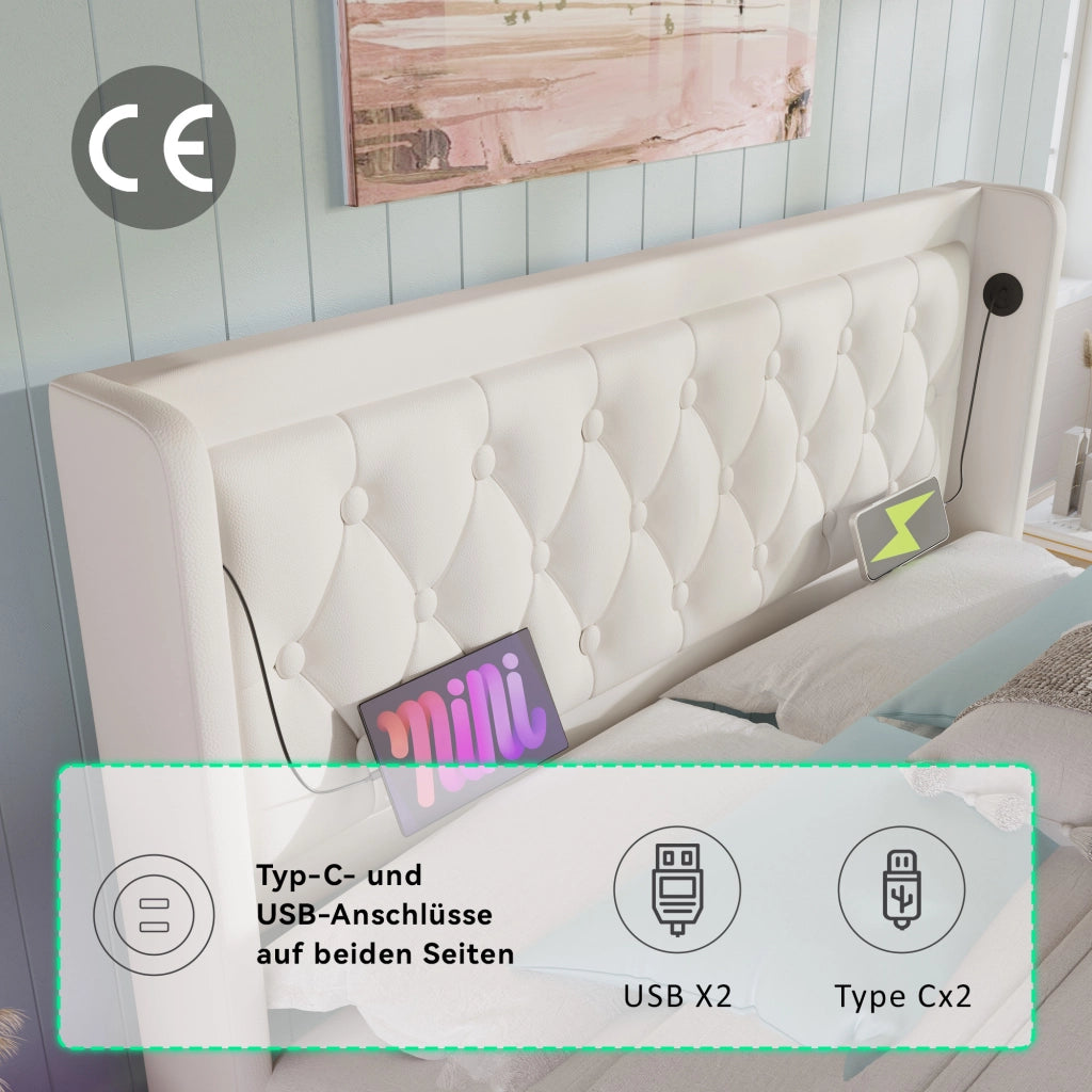 LETTO CONTENITORE 140x200 cm PU Bianco con USB, Type-C e LED a 3 lati