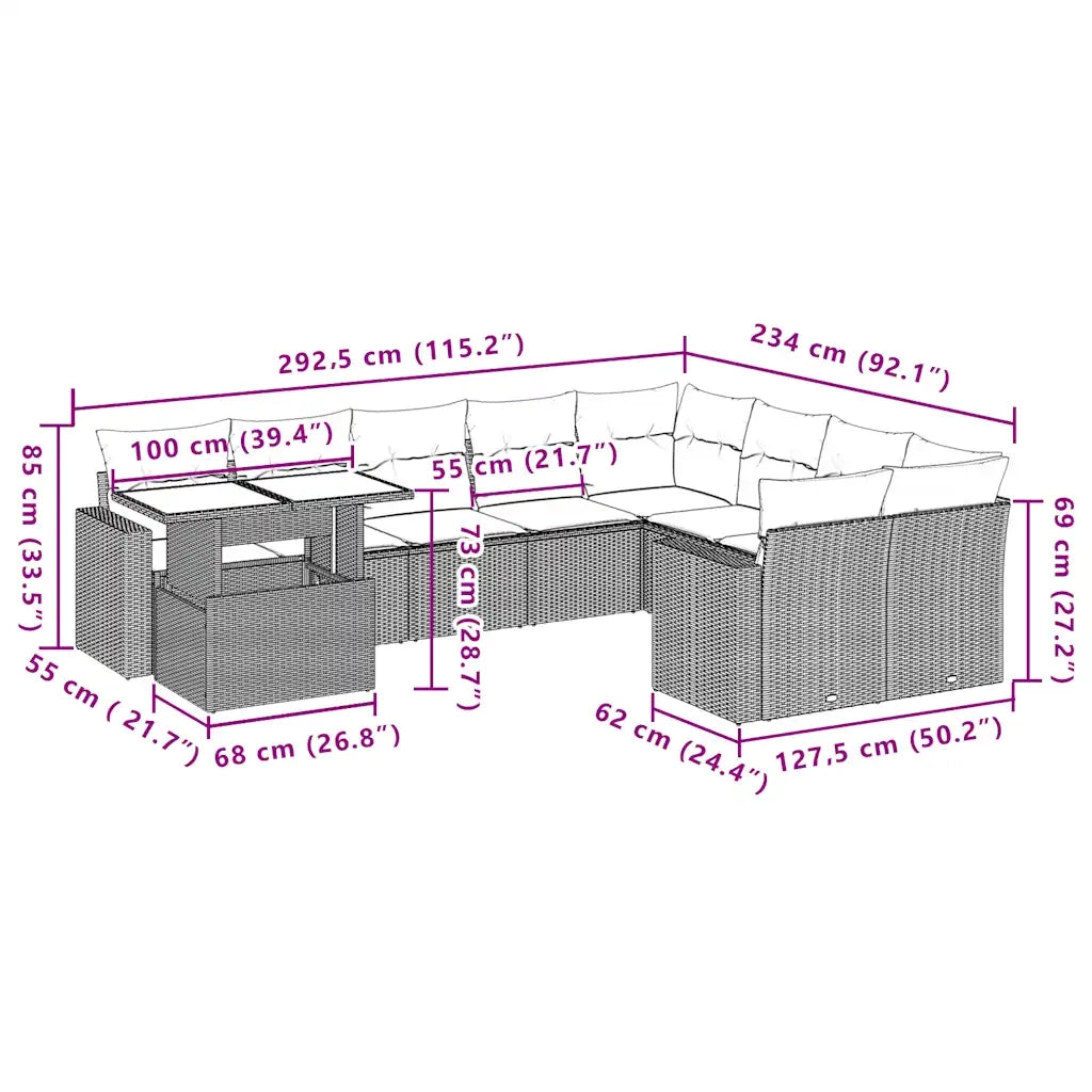 Set Divano da Giardino 10 pz con Cuscini Beige in Polyrattan 3267508
