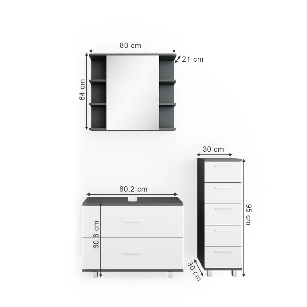 Vicco Set mobili bagno Bianco/antracite 3 parti