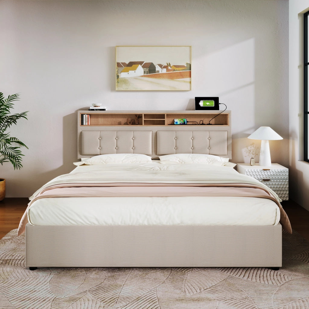 LETTO Contenitore 140x200 cm in lino beige con testiera regolabile e USB