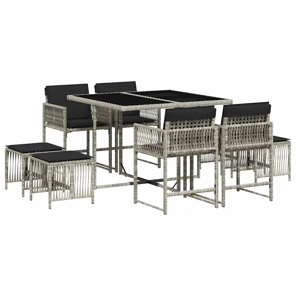 Set Pranzo da Giardino 9pz con Cuscini Grigio Chiaro Polyrattan