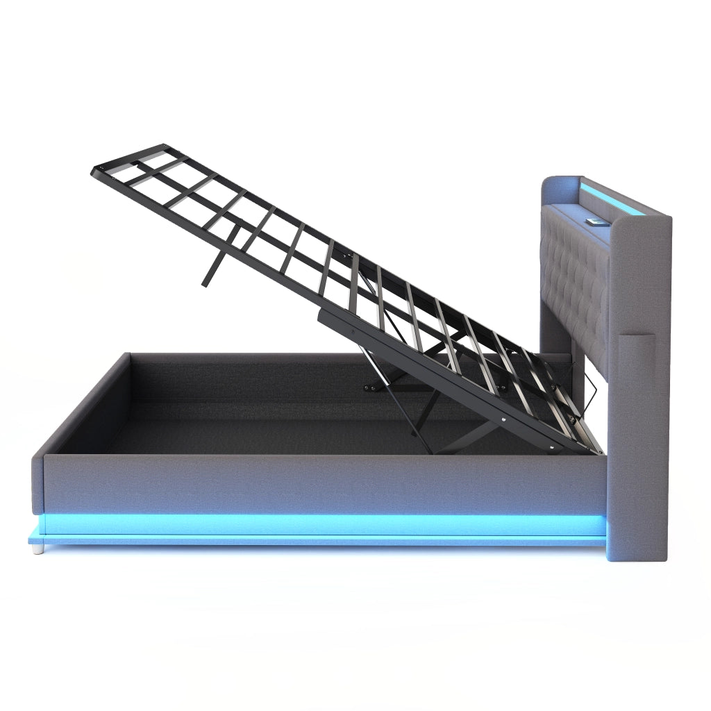 Letto imbottito LED 140x200 cm con USB e contenitore idraulico in tessuto grigio