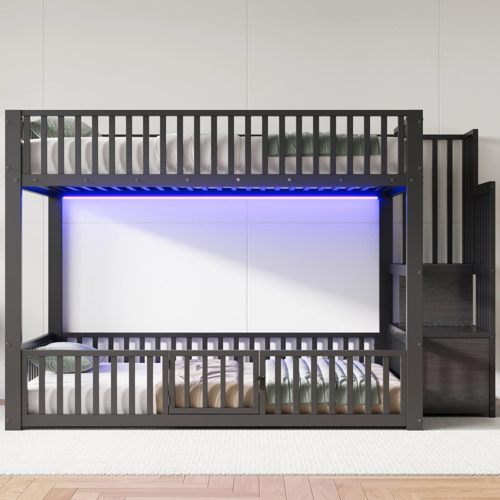 Letto a soppalco con LED - Zephmum- 140x200 cm, nero, scala con vano