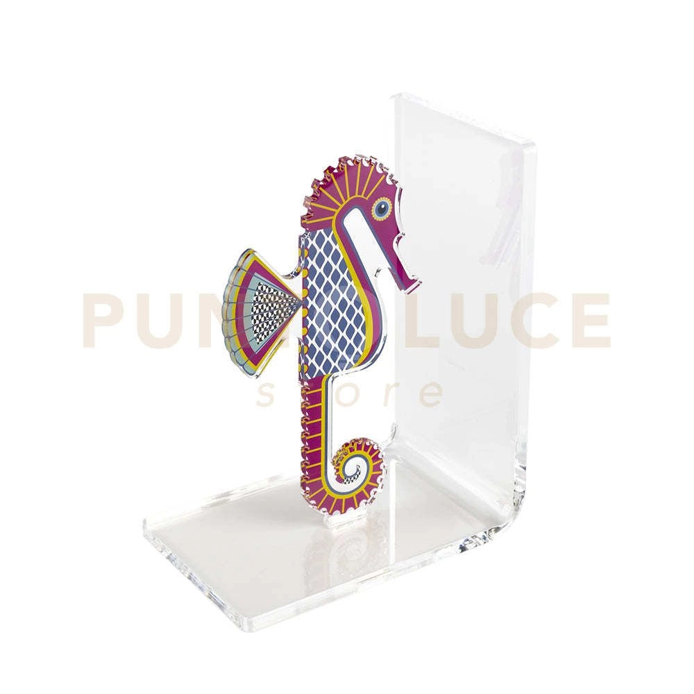 REGGILIBRO CAVALLUCCIO IN CRISTALLO ACRILICO TRASPARENTE CON DECORO MULTICOLOR