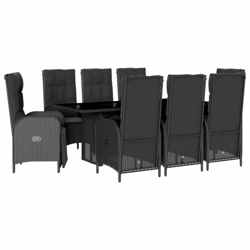 Set da Pranzo da Giardino 9 pz con Cuscini Nero in Polyrattan