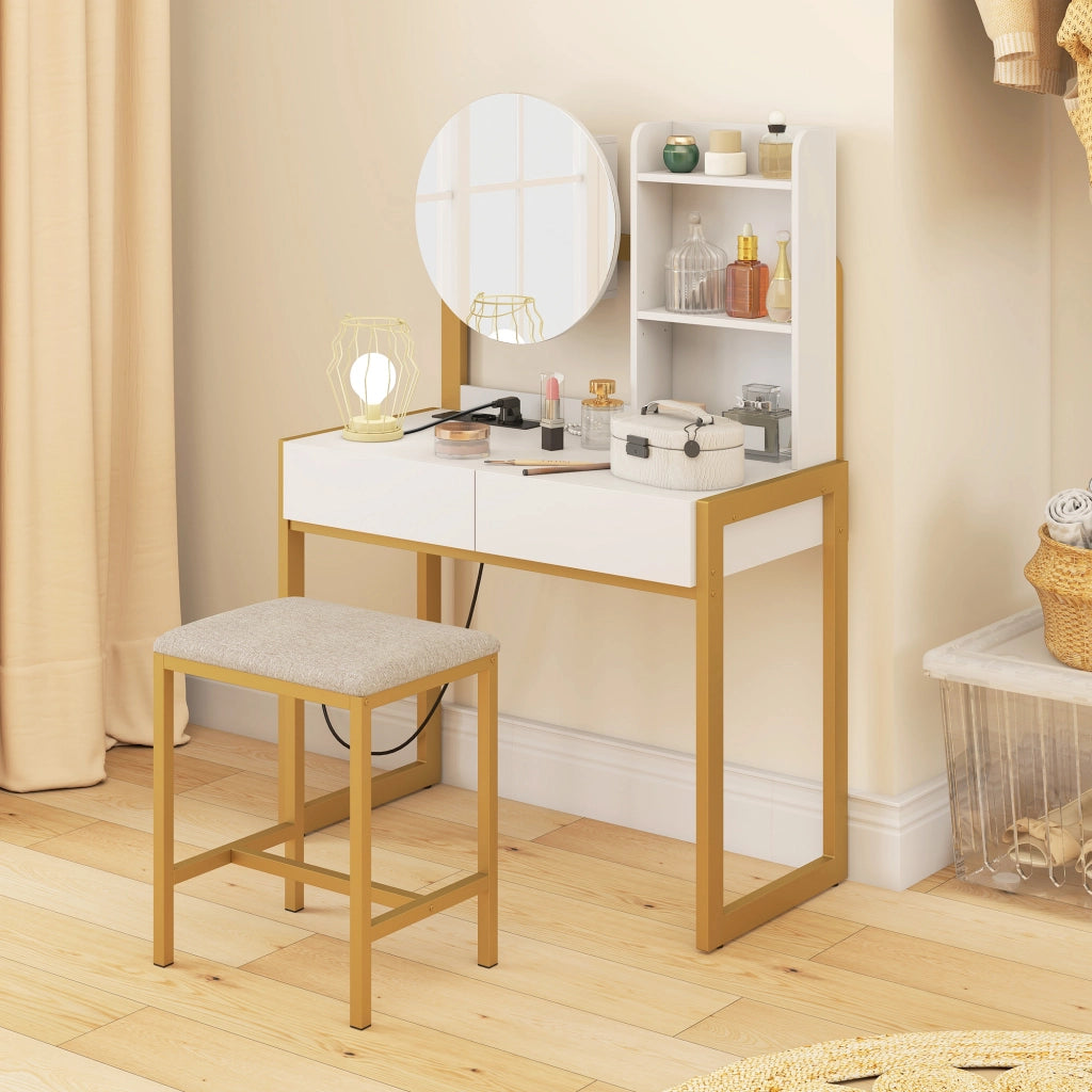 Cassettiera con specchio e sgabello imbottito ¨C Minimal ¨C bianco 60x40x