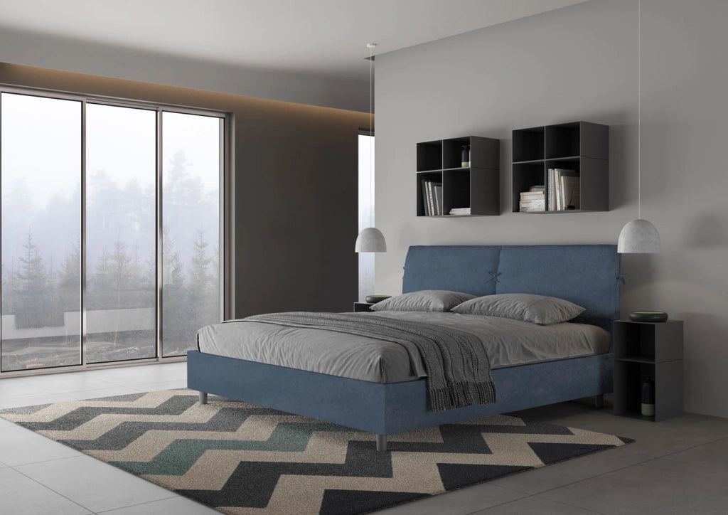 BS COM Letto matrimoniale king size con rete imbottito 180x200 microfibra blu