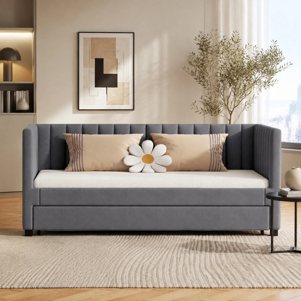 Divano letto imbottito con letto estraibile 90x200 cm; rivestimento effetto velluto grigio