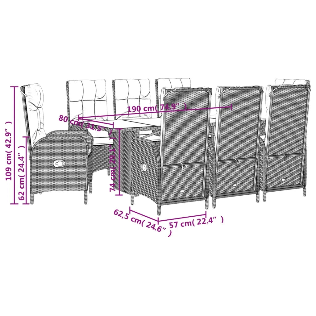 Set da Pranzo da Giardino 9 pz con Cuscini Nero in Polyrattan 3213525
