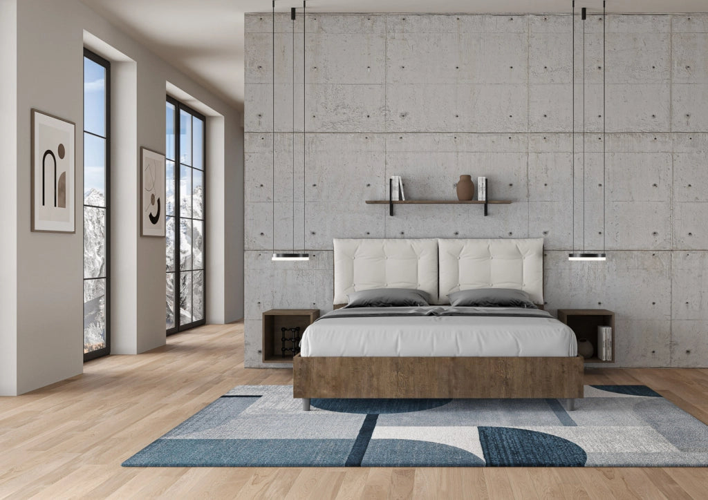 BS COM Letto matrimoniale con rete 160x190 noce cuscini similpelle bianco